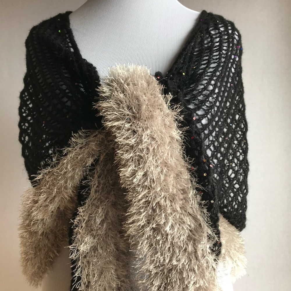 New Hand Knitted Shawl with Fur trim and sequins. Long scarf, Wrap.Gift for Her - Picture 6 of 16